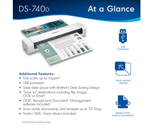 Escáner de superficie plana Brother DSMobile DS-740D - 600 ppp Óptico