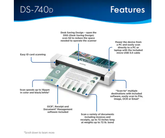 Escáner de superficie plana Brother DSMobile DS-740D - 600 ppp Óptico