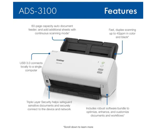 Escáner de superficie plana Brother ADS-3100 - 600 x 600 ppp Óptico