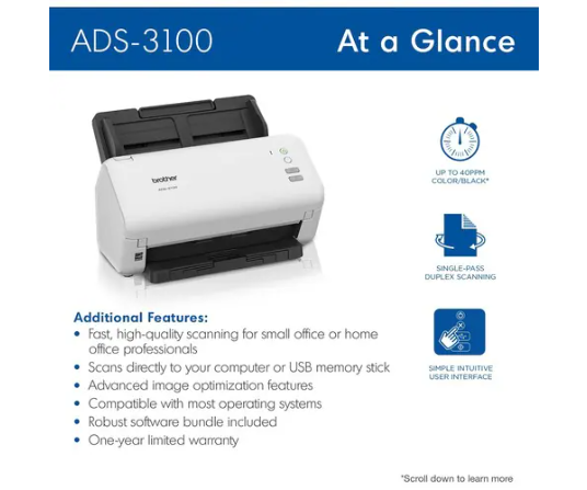 Escáner de superficie plana Brother ADS-3100 - 600 x 600 ppp Óptico